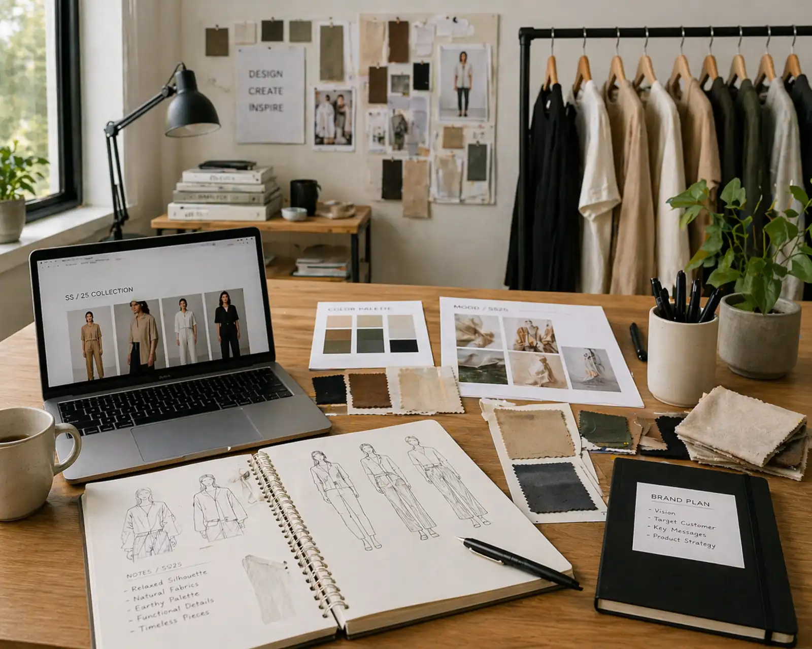Clothing brand planning with sketches, fabrics, and design tools